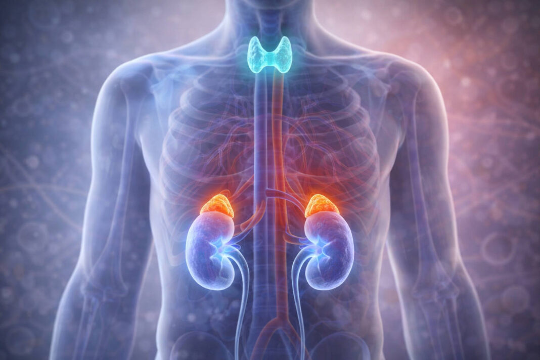 Wizualizacja ludzkiego ciała, podświetlona tarczyca, nerki jako jedne z najczęstszych powodów nadciśnienia wtórnego