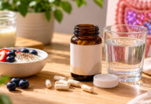 Probiotyki. Kiedy je stosować i dlaczego? Probiotyki w kapsułkach i naturalne - w formie jogurtu. W tle rysunek jelit