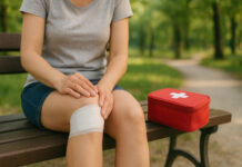 Kobieta z obtartym kolanem z apteczką i opatrunkiem