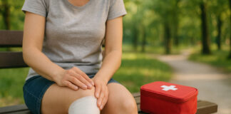 Rany i obtarcia, jak je odkazić i opatrzyć? Kobieta z obtartym kolanem z apteczką i opatrunkiem