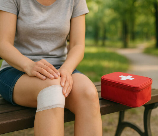 Kobieta z obtartym kolanem z apteczką i opatrunkiem