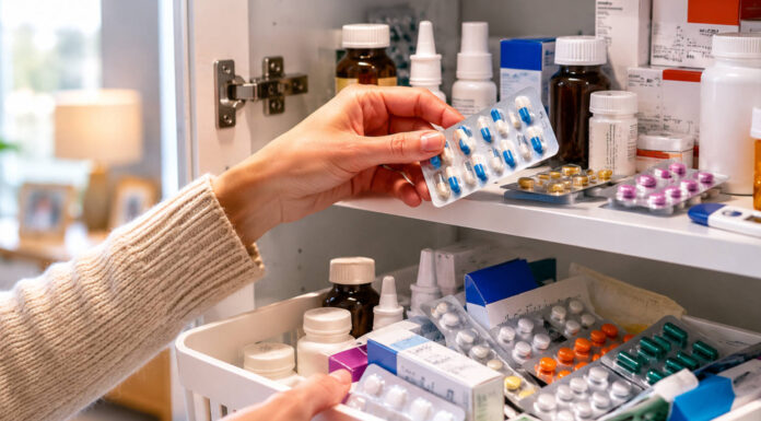 Domowa apteczka w szafce i bałagan, kobieta sięga po niepodpisane blistry z lekami