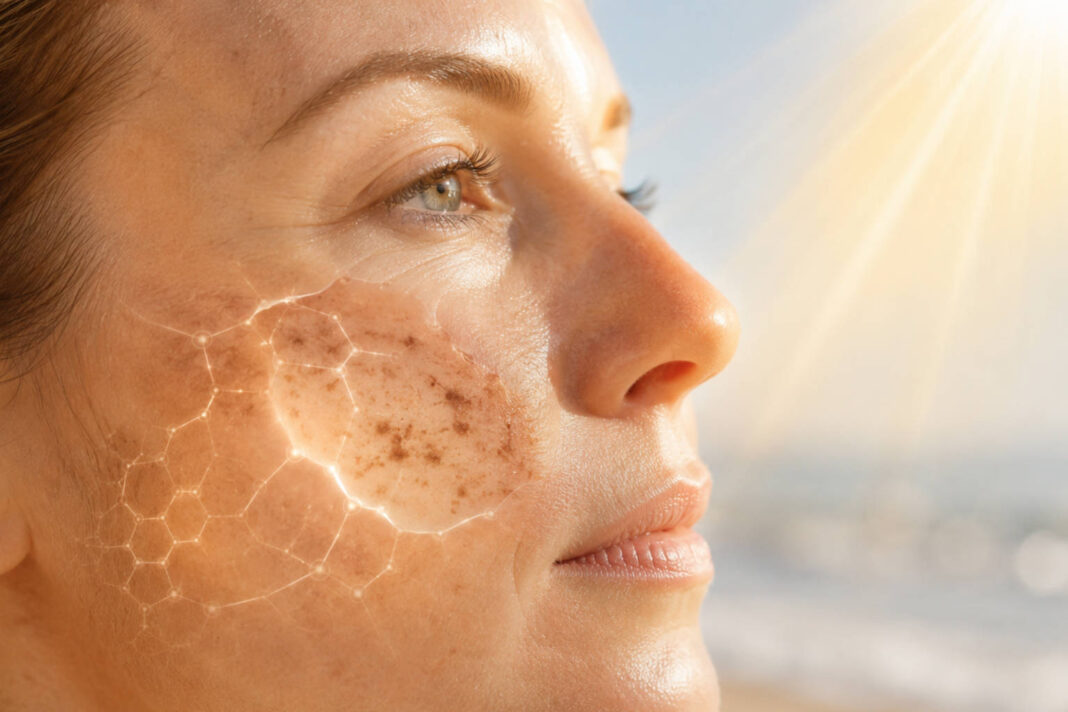 Przebarwienia wskutek słońca (melasma) - twarz kobiety z przebarwieniami w tle promienie słońca