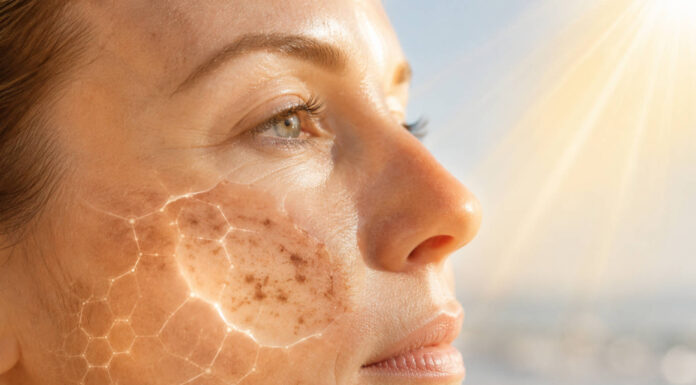 Melasma – co jest powodem i jak zmniejszyć przebarwienia? Przebarwienia wskutek słońca (melasma) - twarz kobiety z przebarwieniami w tle promienie słońca