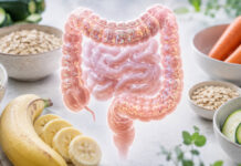 Wizualizacja jelita i zdrowe polecane produkty w diecie na zespół jelita wrażliwego IBS